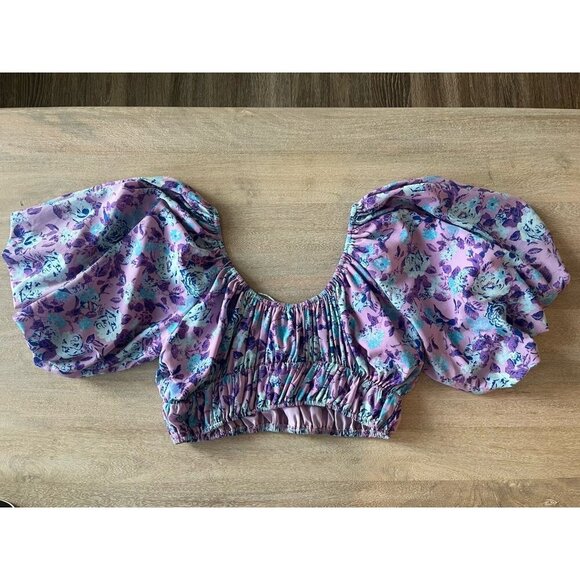 For Love and Lemons Belize Crop Top Purple Blue Floral Puff Sleeve Medium - Picture 5 of 6